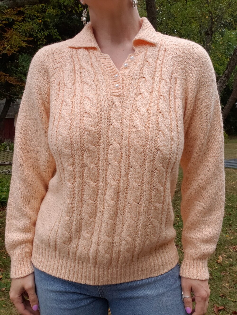 Vintage 1990s Cozy Cable Knit Peach Sweater